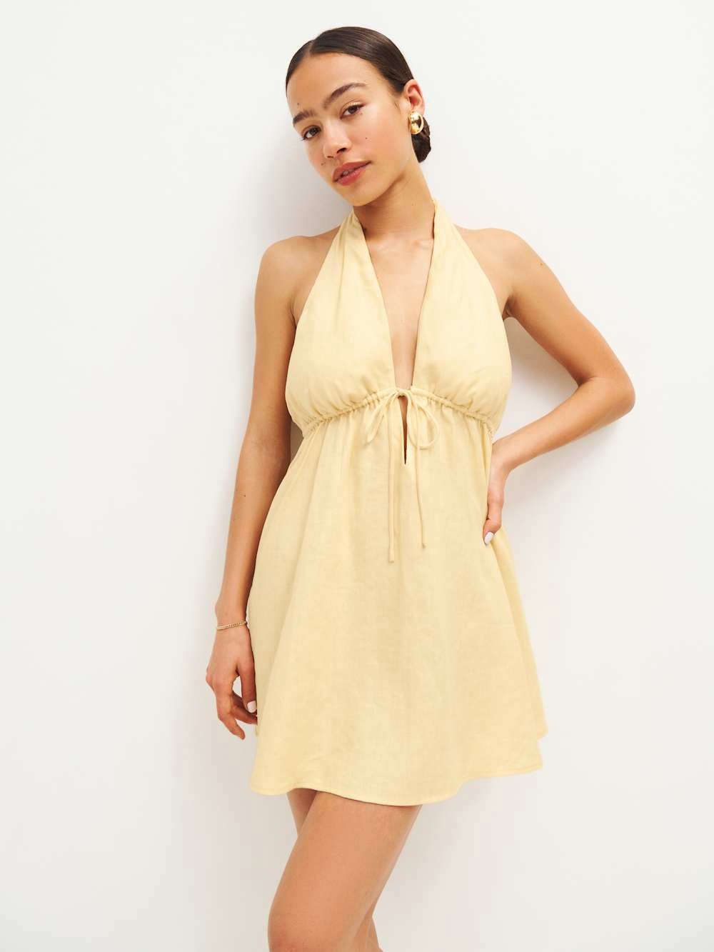 Reformation Carlena Linen Dress Parmesan Mini Halter Tie Front Yellow